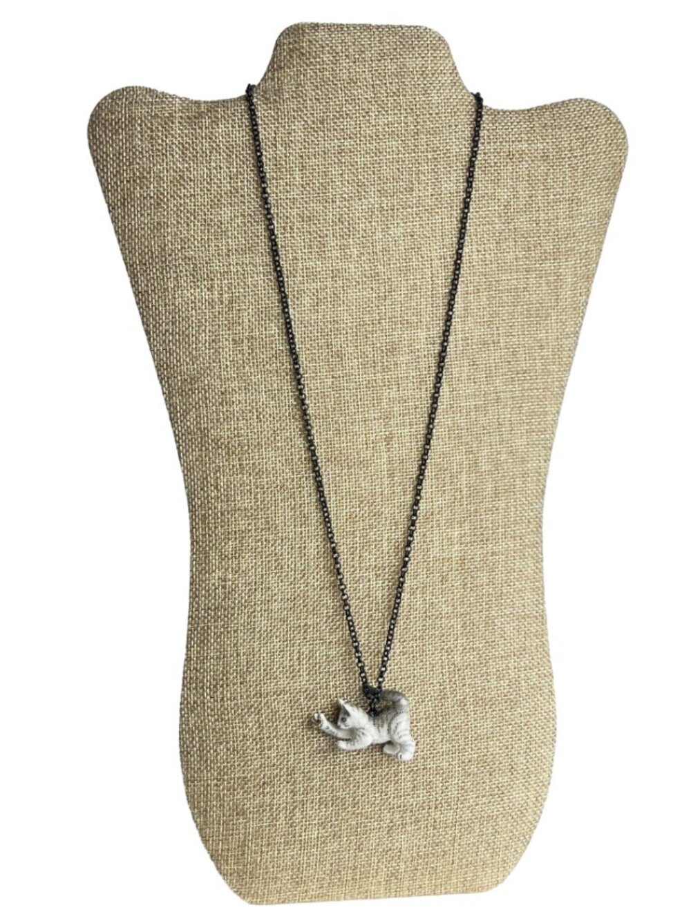 Handmade Miniature Ceramic Playful Gray Striped Kitten Cat Pendant Necklace - Picture 6 of 9